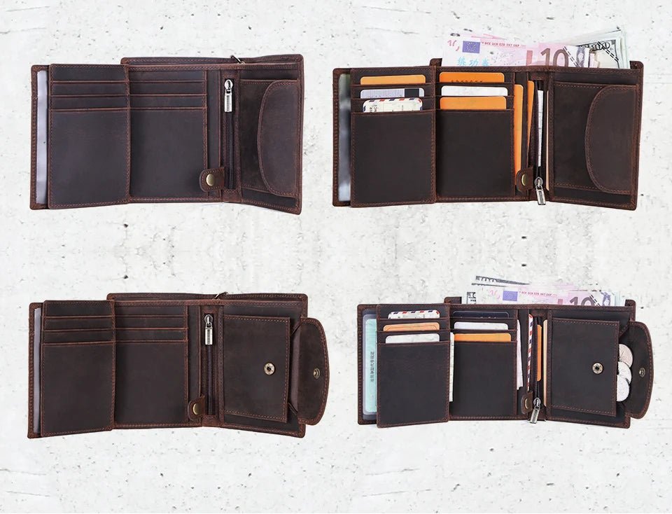 Herren Echtleder Geldbörse Trifold Metallkette RFID Kartenhalter Geldclip