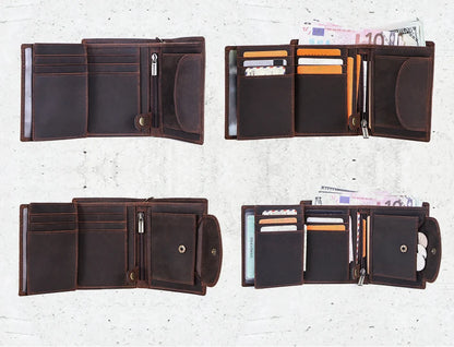 Herren Echtleder Geldbörse Trifold Metallkette RFID Kartenhalter Geldclip