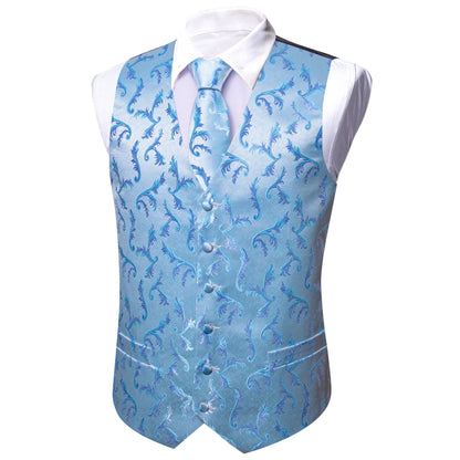 Herrenweste Jacquard in Hellblau mit Paisley- Blumenmuster und weißem Hemdkragen
