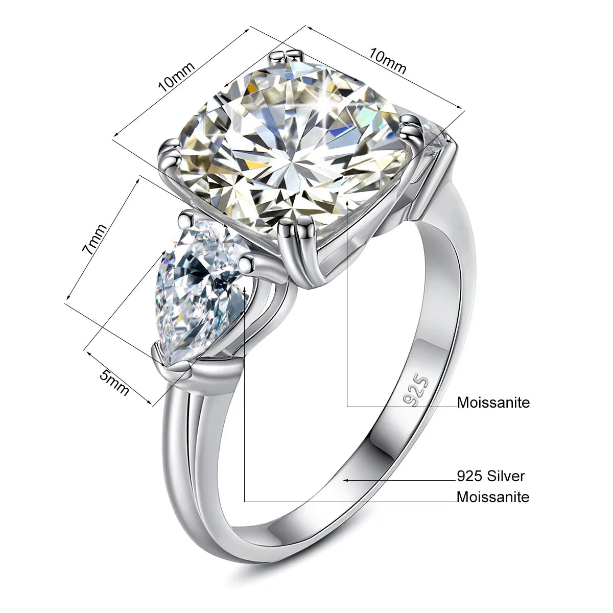 Damen-Ring Moissanit Drei-Stein Kissen-Schliff 5-Karat Zertifiziert Mit Echtheitszertifikat