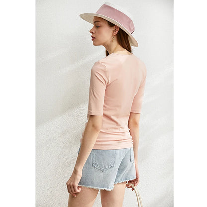 Damen T-Shirt im Minimalismus-Stil mit V-Ausschnitt und halben Ärmeln