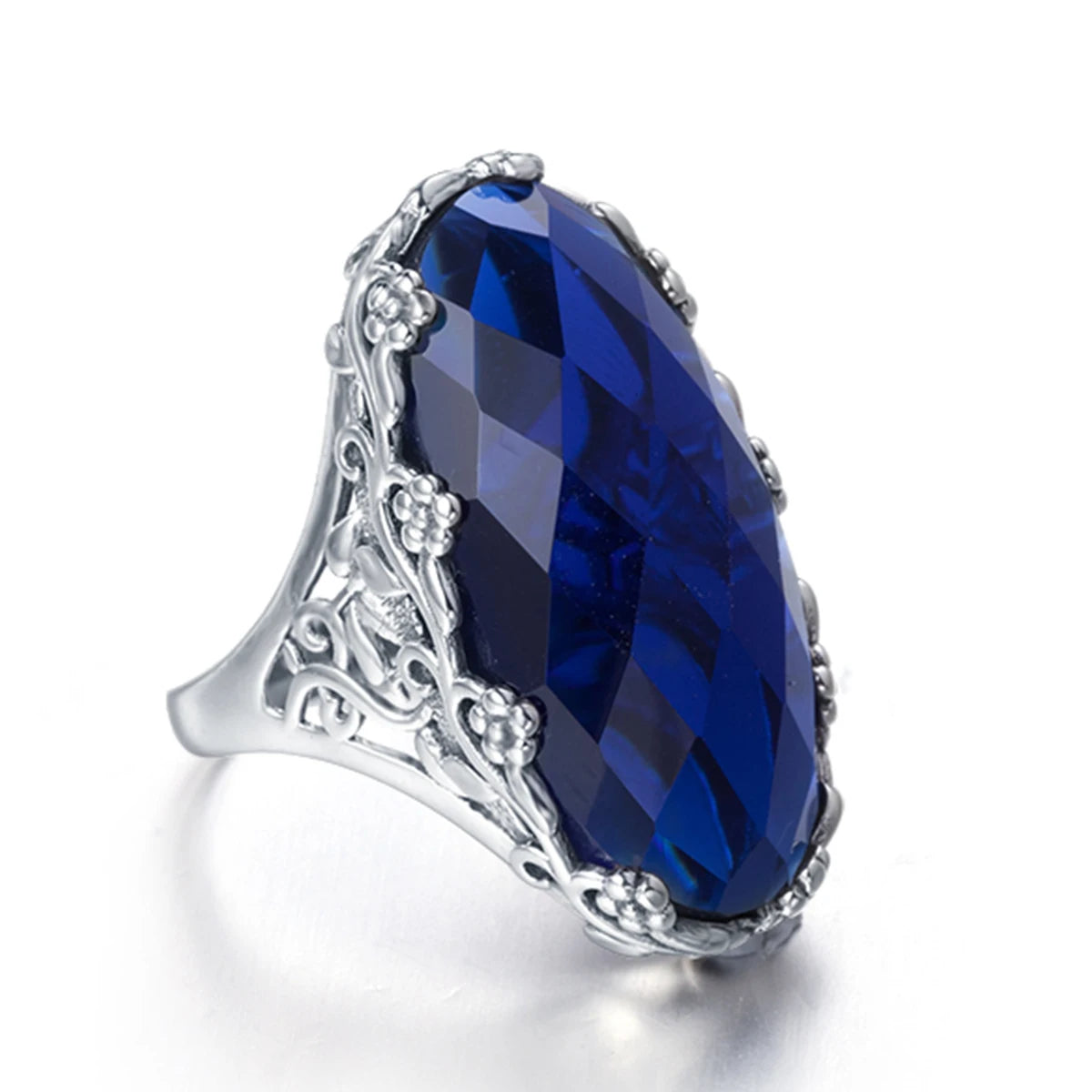 Damen-Ring aus 925er Sterlingsilber mit smaragdgrünem Stein und aufwändigem Blütenmuster