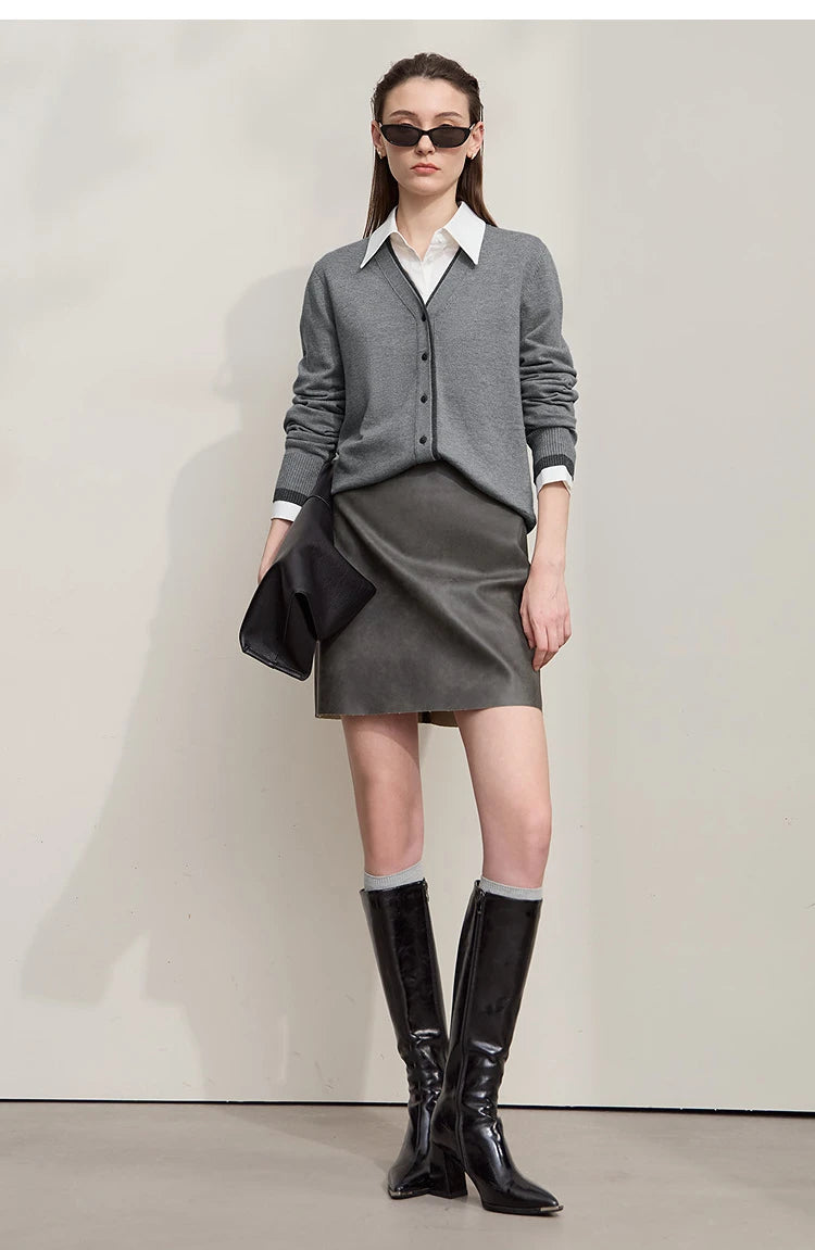 Damen-Strickjacke V-Ausschnitt koreanisch Fake-Zweiteilig Wolle locker Herbst