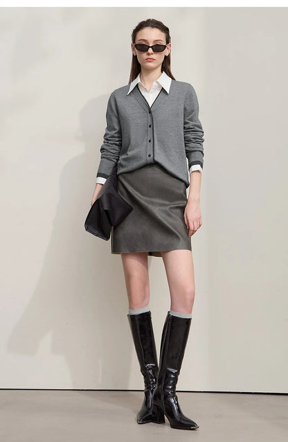 Damen-Strickjacke V-Ausschnitt koreanisch Fake-Zweiteilig Wolle locker Herbst