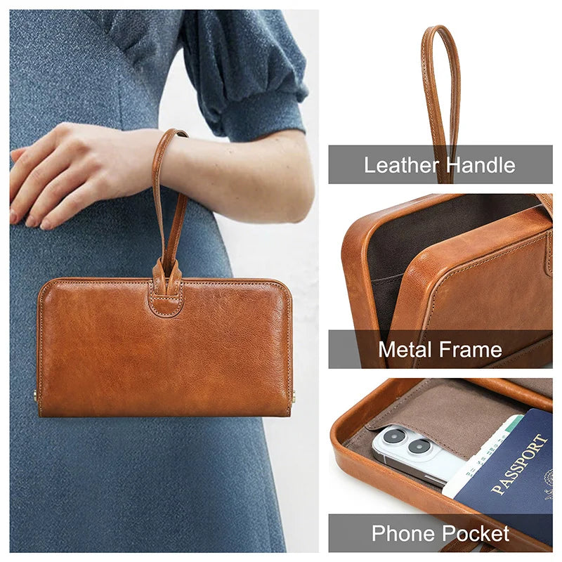 Echtleder-Handgelenktasche mit Metallrahmen, Handyfach und Passhalter im Innenbereich