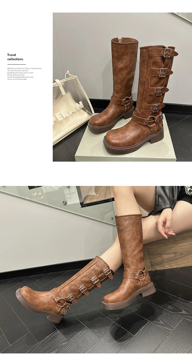 AIYUQI Western Cowboy Boots Women Vintage New Genuine Leather Knight Boots Women Square Toe High Boots Buckle Boots Women