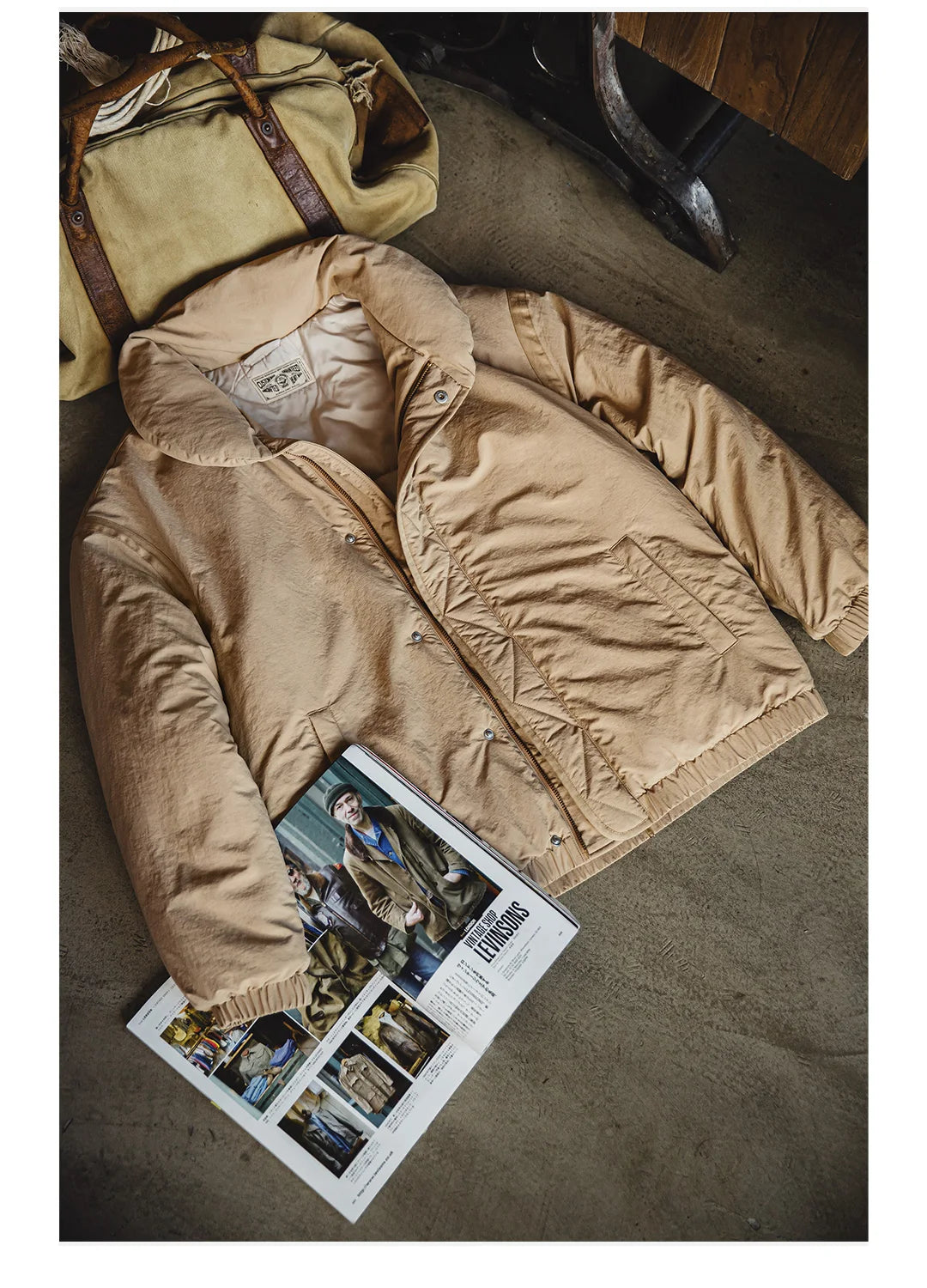 Herren Mantel Retro Khaki Stehkragen gefütterte Puffjacke mit Reißverschluss