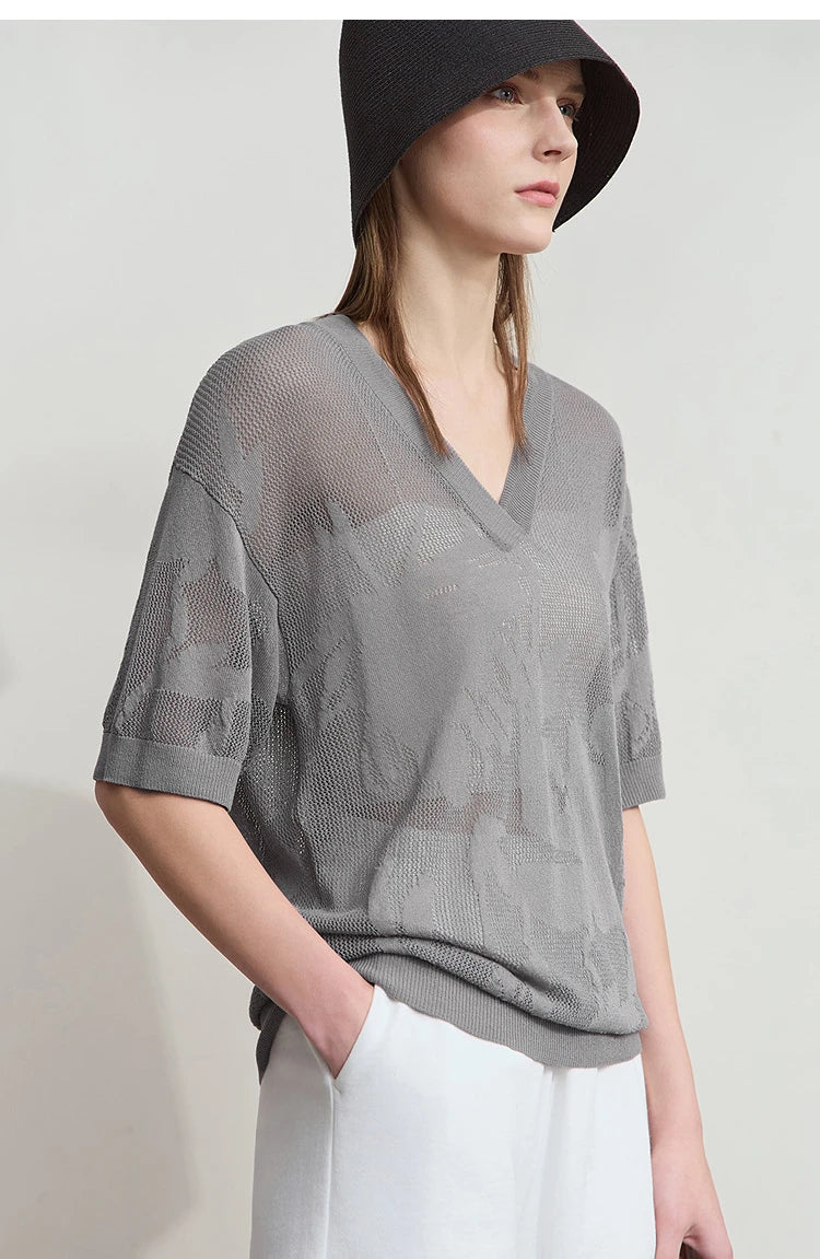 Damenpullover mit V-Ausschnitt, Halbarm, grauer Strick, lockere Passform