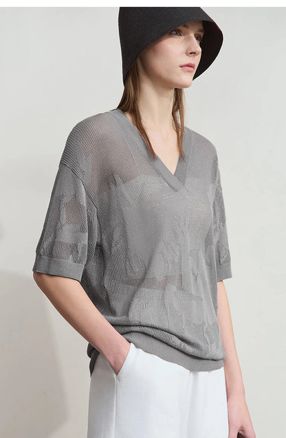 Damenpullover mit V-Ausschnitt, Halbarm, grauer Strick, lockere Passform