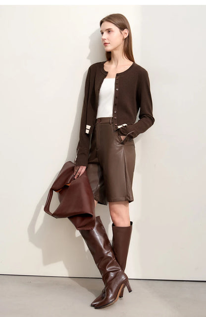 Damen-Strickjacke Rundhals Wolle Streifen kurz Pendler Slim Herbst