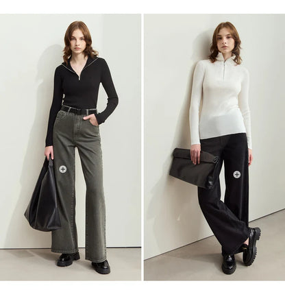 Damen-Strickjacke Stehkragen Reißverschluss Slim Streetwear Winter