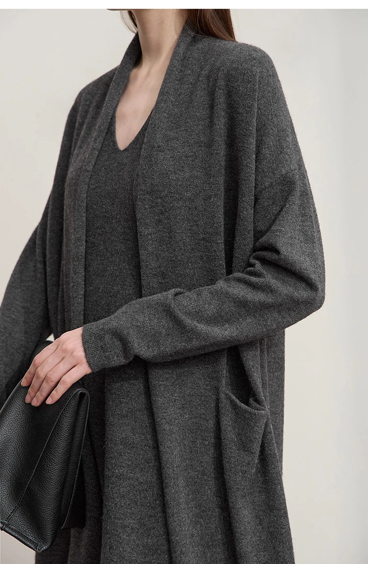 Damen-Strickjacke lang locker Raglan Wolle-Mix Herbst-Winter