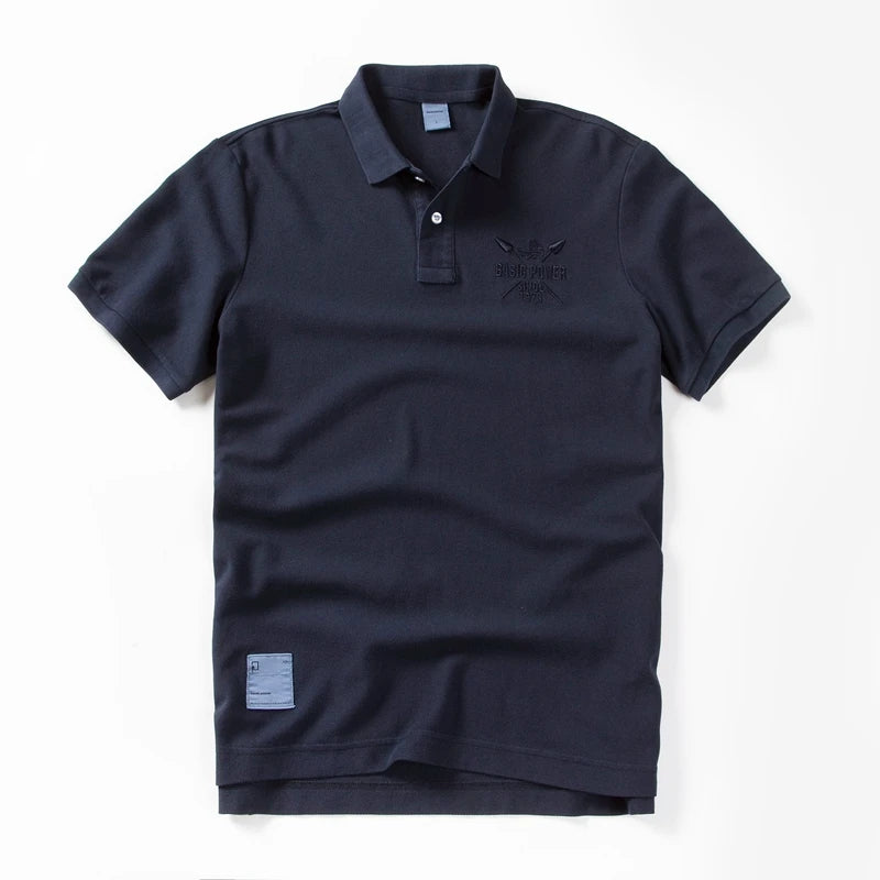 Herren-Poloshirt aus Baumwolle, blau, Kurzarm, besticktes Emblem auf der Brust