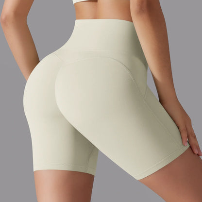 Yoga-Shorts mit hoher Taille, figurbetont, helles Creme/Ivory, mittellang mit Gesäß-Naht