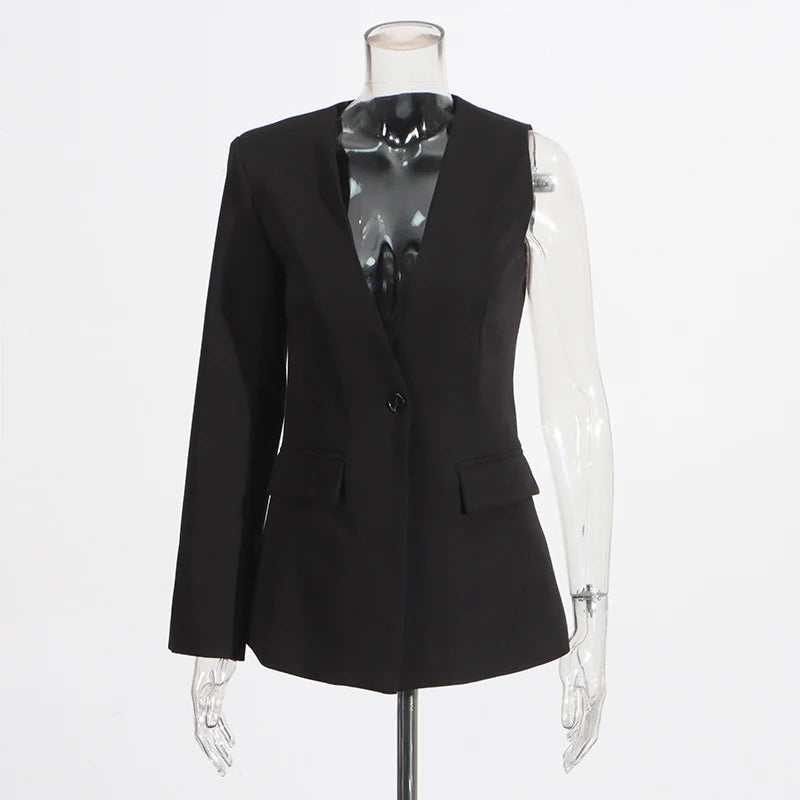 Zweiteiliges Damen-Set mit Reverskragen, langärmligem Patchwork-Blazer und hoch taillierter Hose – lässig und stilvoll