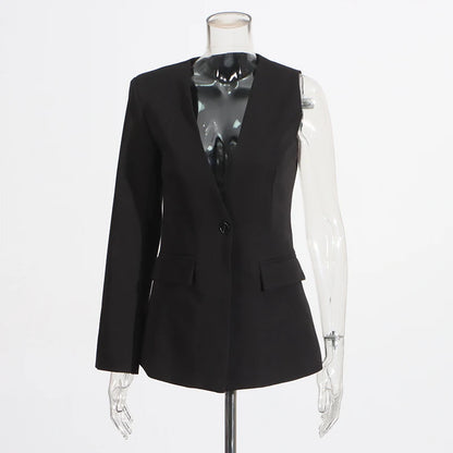 Zweiteiliges Damen-Set mit Reverskragen, langärmligem Patchwork-Blazer und hoch taillierter Hose – lässig und stilvoll
