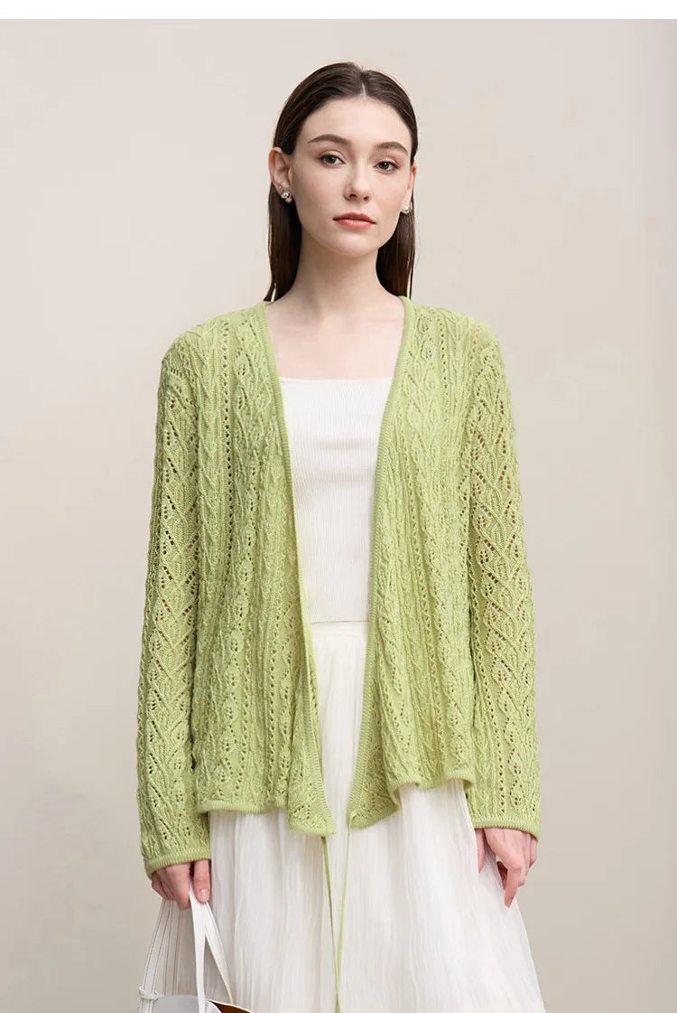 Damen-Strickjacke V-Ausschnitt Wolle Hohlstrick locker Langarm Frühling