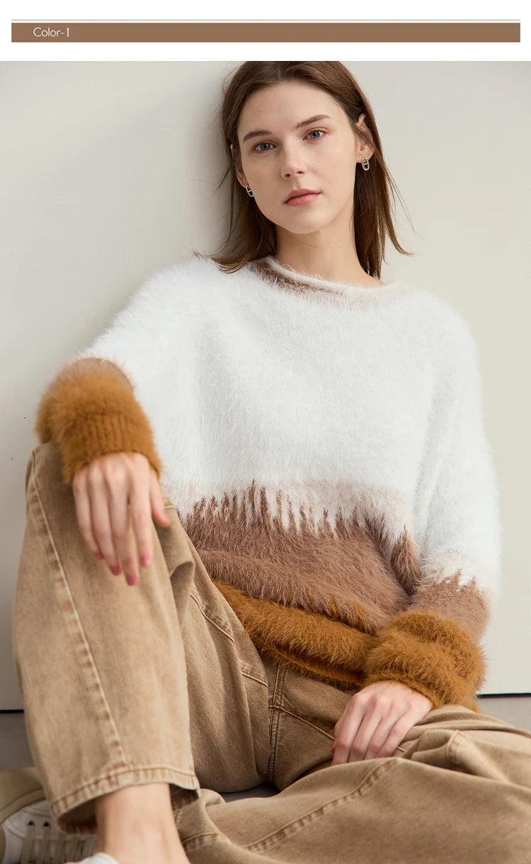 Damenpullover mit O-Ausschnitt, Farbverlauf Weiß zu Braun, flauschige Strickoptik, langarmig