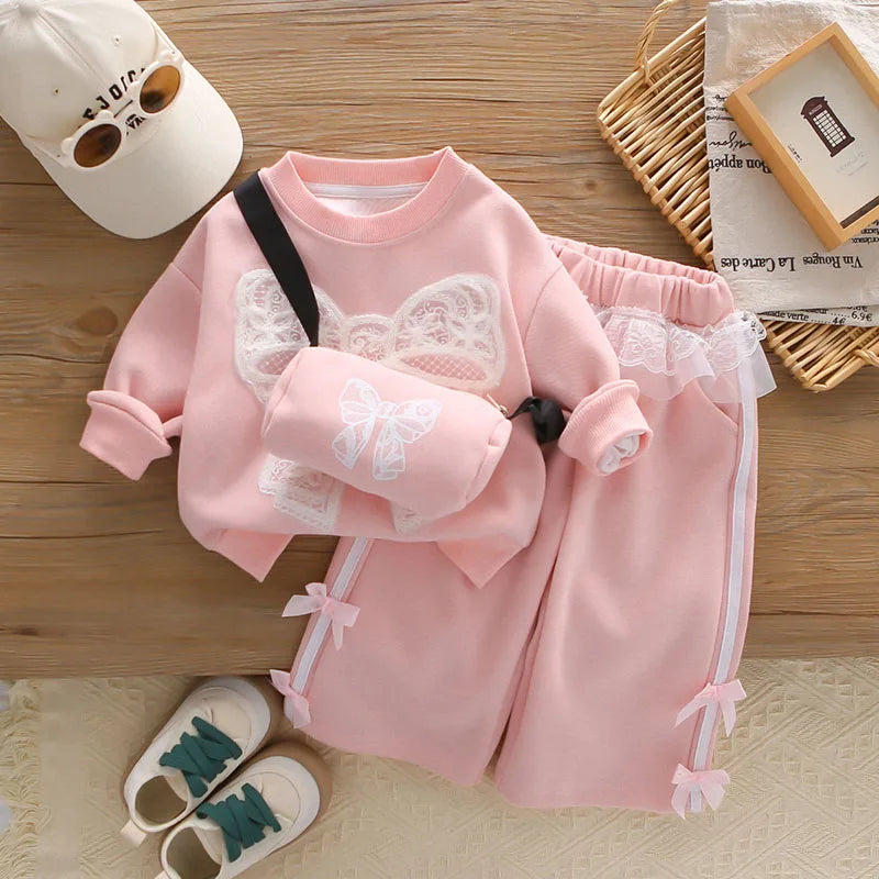 Mädchen Hoodie Set mit Bogen und breiten Beinhosen für Herbst 1-6 Jahre
