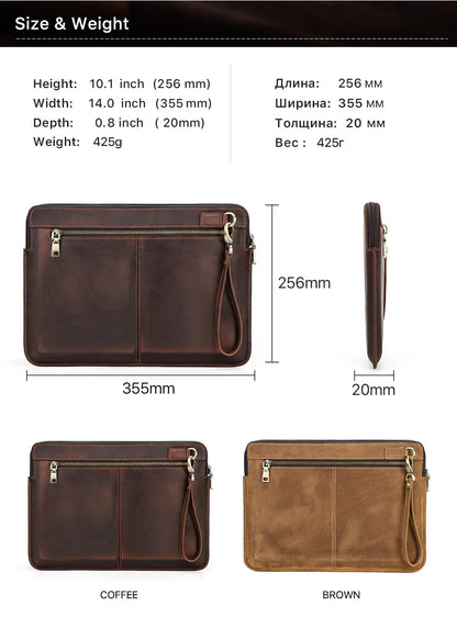 Braune Echtleder-Laptop-Tasche mit Handgurt-Schlaufe und Reißverschluss, Größenansicht