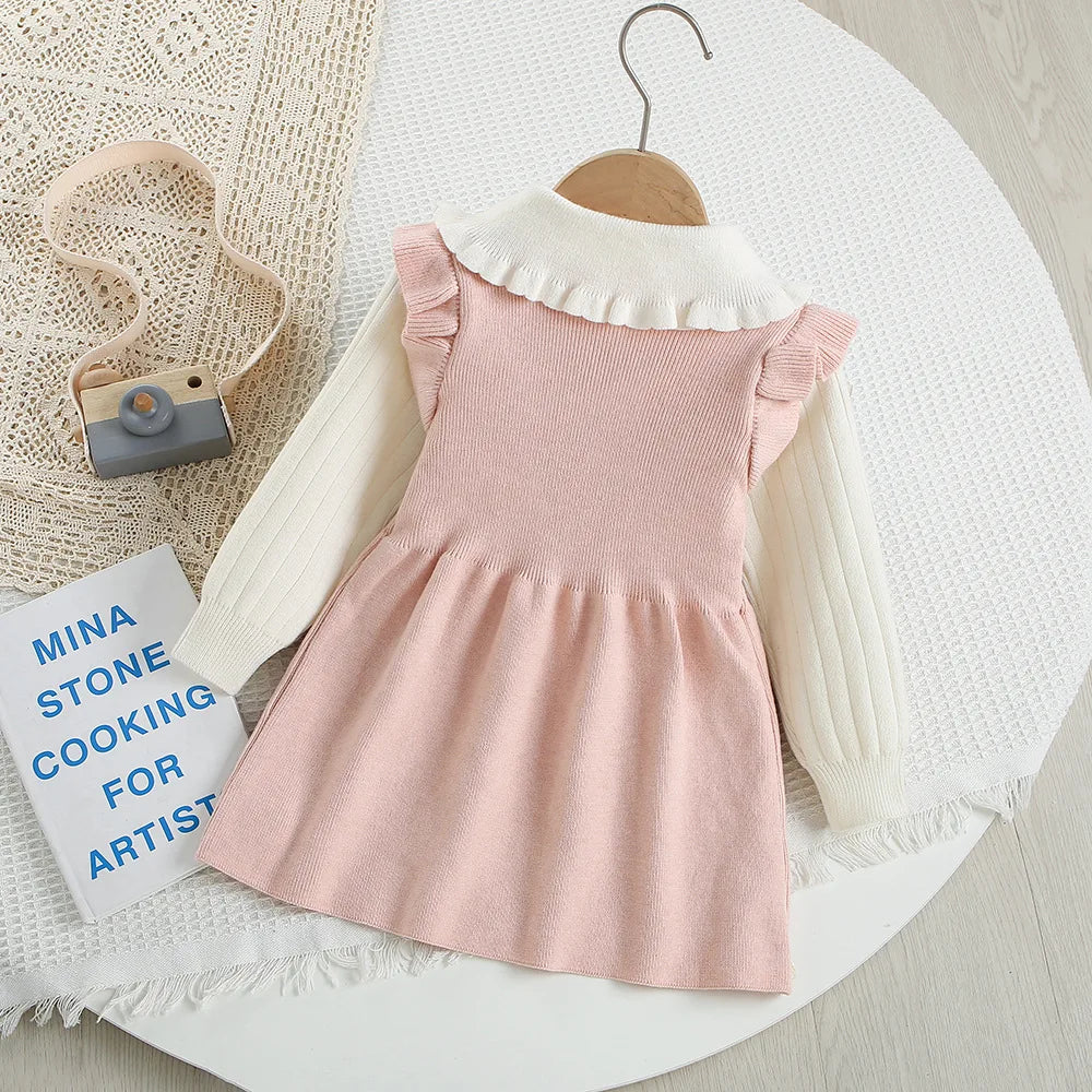 Mädchen Herbst-Strickkleid mit süßer Schleife im Farbblock-Design