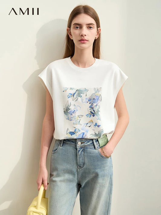 Damen T-Shirts im Minimalismus-Stil mit lässigem O-Neck und Blumen-Druck