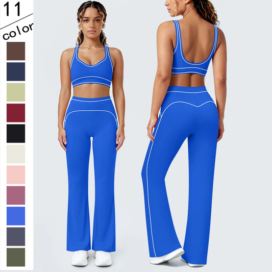 Damen Yoga-Set: blauer Sport-BH mit Brustpolstern und weite Hose mit Kontrastlinien