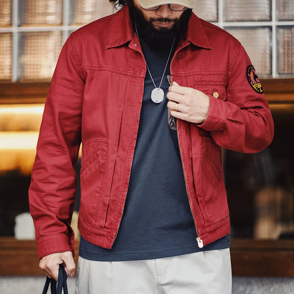Herren Jacke Bestickte Slim-Fit Canvas Revers Mantel Zip-Up Casual