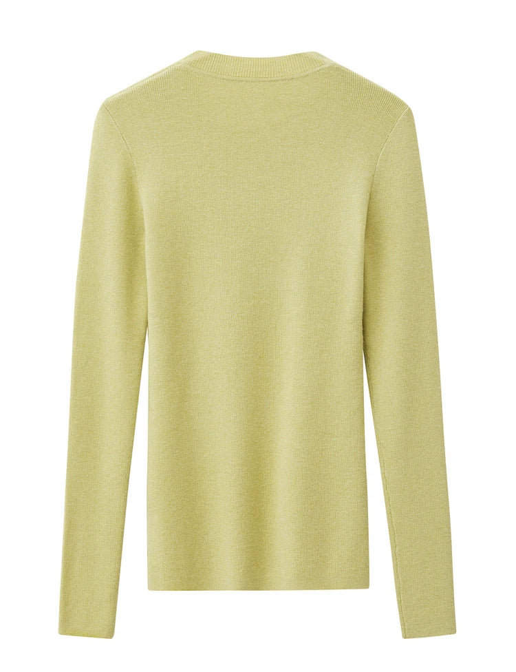 Damenpullover, Rückansicht, hellgrün, lange Ärmel, schmaler Schnitt