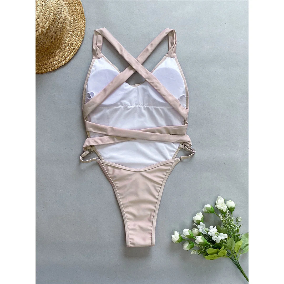 Damen Badeanzug Spleiß V-Ausschnitt Kreuzrücken hoher Beinausschnitt Monokini