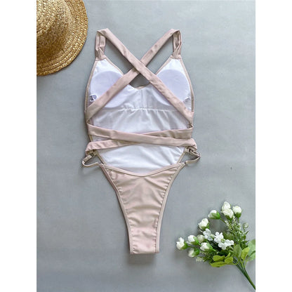 Damen Badeanzug Spleiß V-Ausschnitt Kreuzrücken hoher Beinausschnitt Monokini