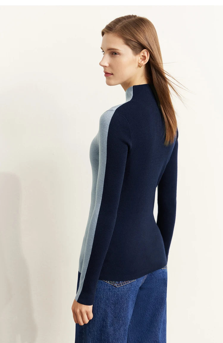 Damen-Halbrollkragen-Pullover Slim Patchwork Wolle-Mix Herbst-Winter