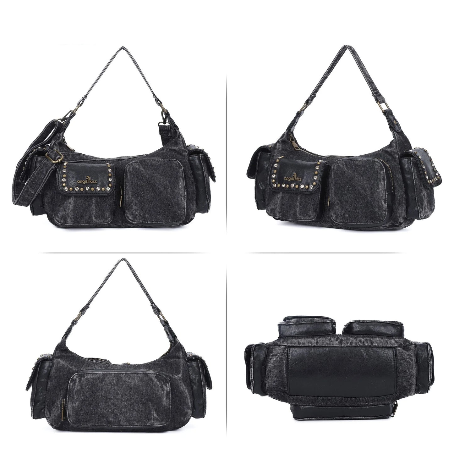 Damen-Schultertasche aus Denim und Canvas mit Reißverschluss und großem Hauptfach und Smartphonefach