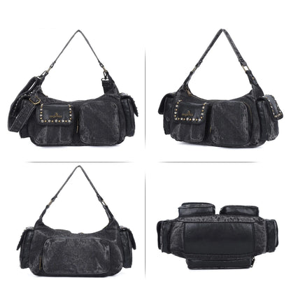 Damen-Schultertasche aus Denim und Canvas mit Reißverschluss und großem Hauptfach und Smartphonefach
