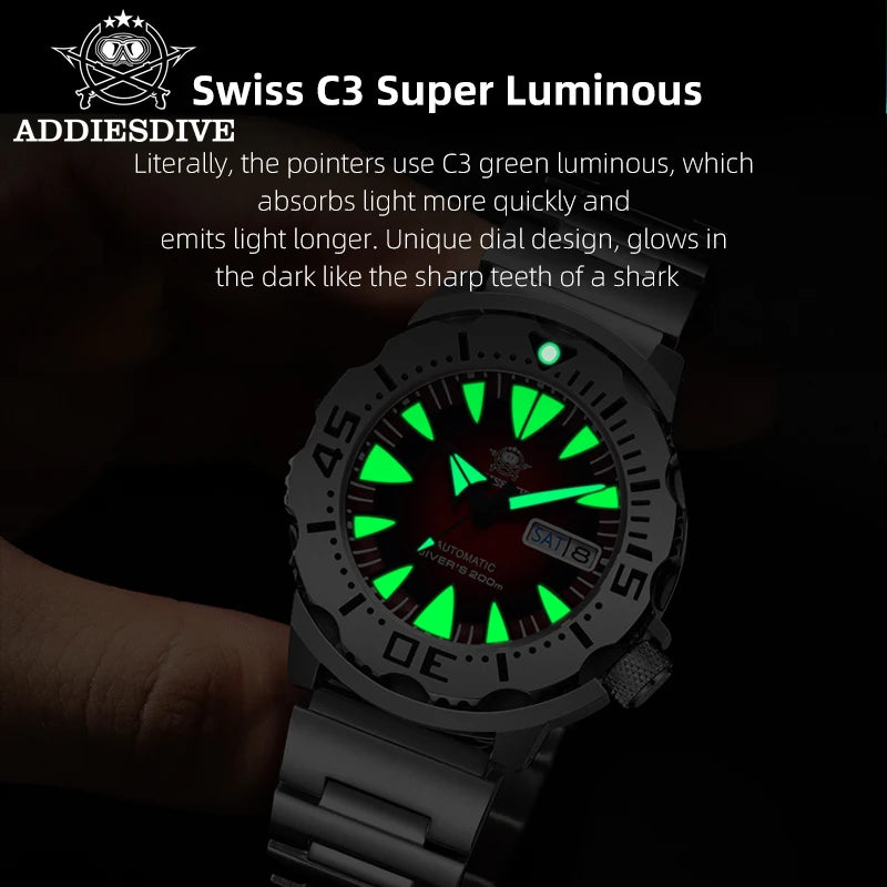 ADDIESDIVE AD2103 Men Monster Watch Luminous Sapphire Glass Blue Dial NH36 Diver 316L Stainless Steel Mechanical Watches