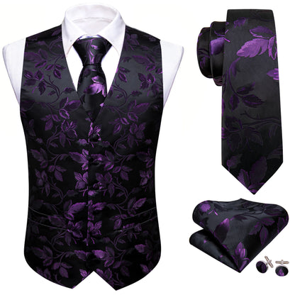 Seidenweste-Set für Herren: schwarze Weste mit violettem Blumenmuster, inkl. Krawatte & Einstecktuch.