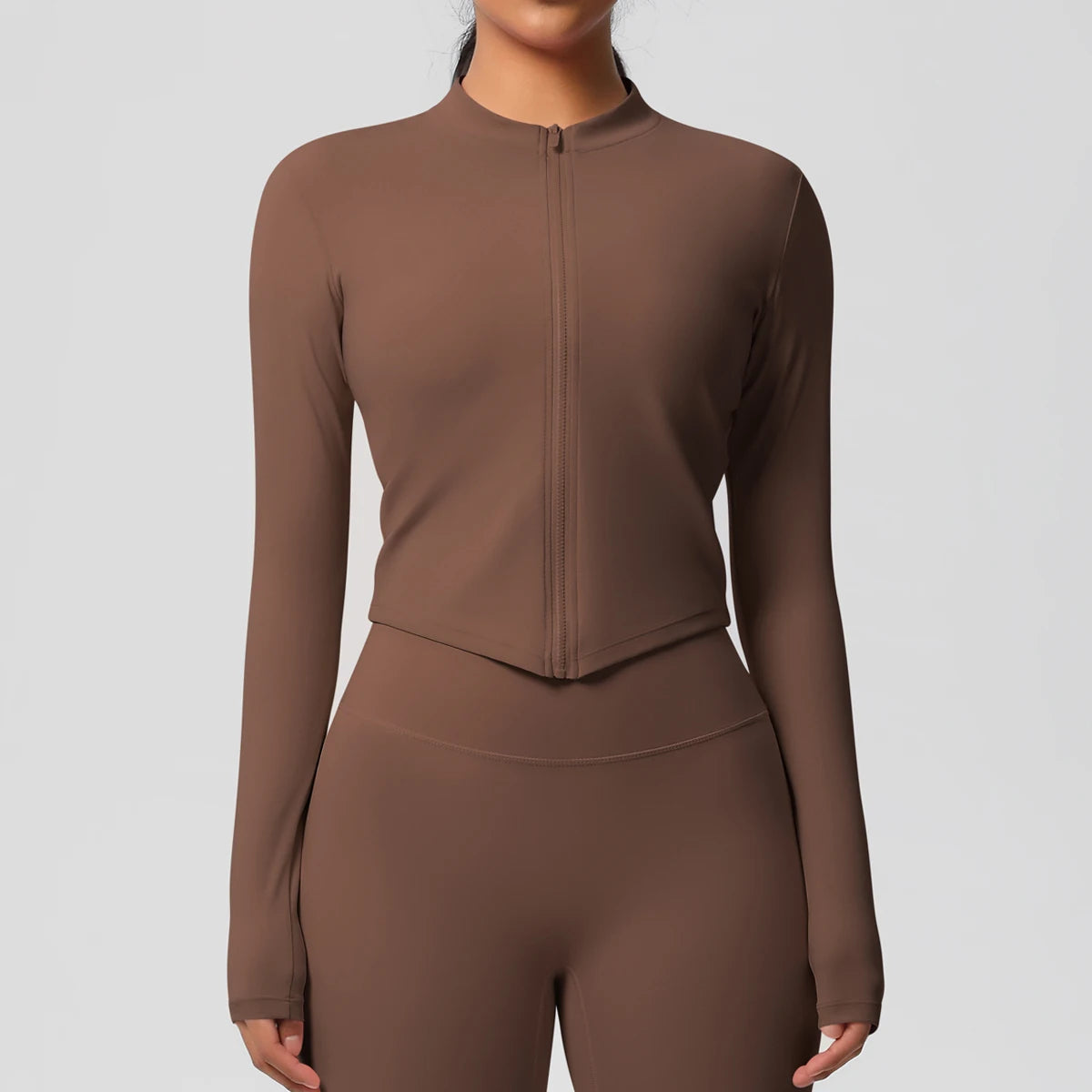 Langarm-Fitnessoberteil, Slim Fit, braun, durchgehender Reißverschluss und Stehkragen