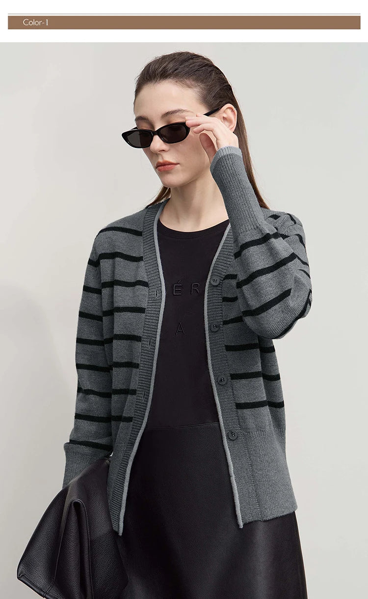 Damen-Strickjacke Streifen V-Ausschnitt locker Wolle Herbst-Winter