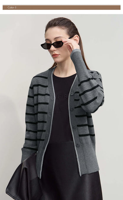 Damen-Strickjacke Streifen V-Ausschnitt locker Wolle Herbst-Winter