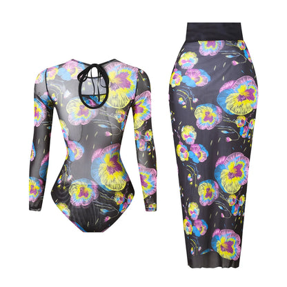 Damen-Badeanzug Blumen Langarm Sarong einteilig gepolstert
