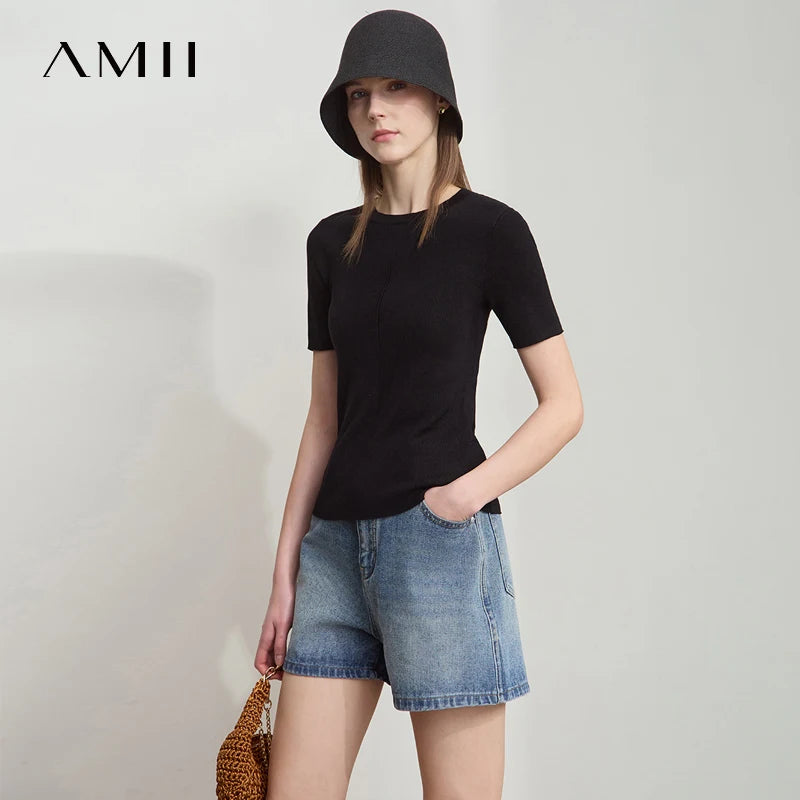 Damen-Rundhalspullover Lyocell Slim Kurzarm figurschmeichelnd Sommer