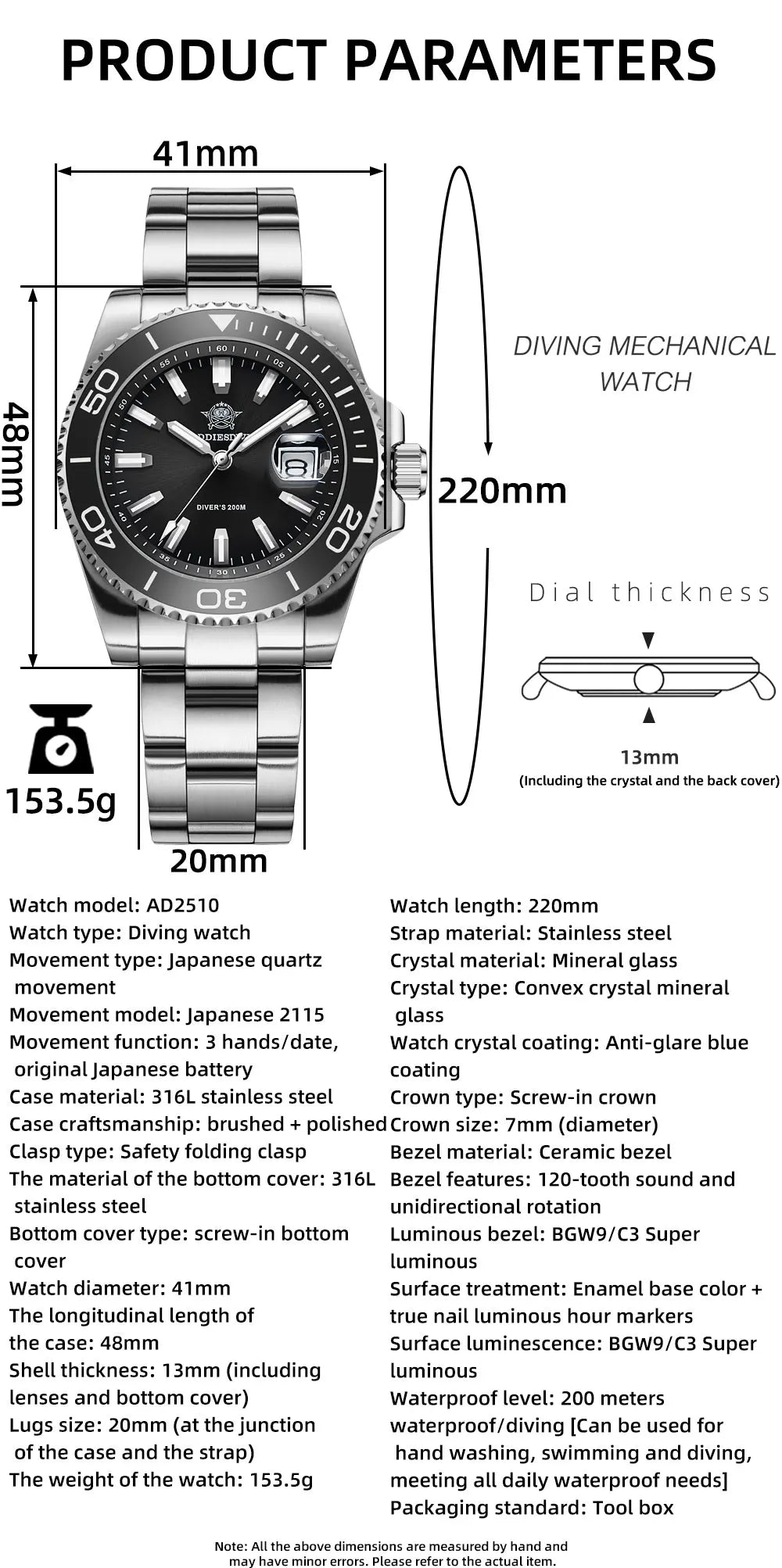 Herren-Sportuhr 41 mm aus 316L-Edelstahl mit 20 Bar