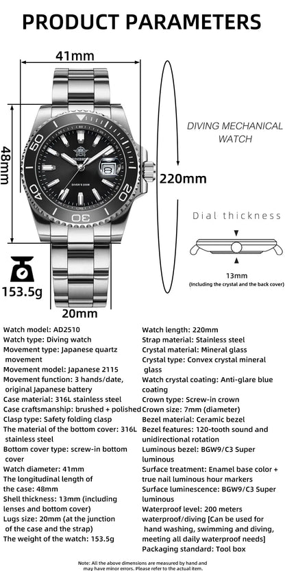 Herren-Sportuhr 41 mm aus 316L-Edelstahl mit 20 Bar