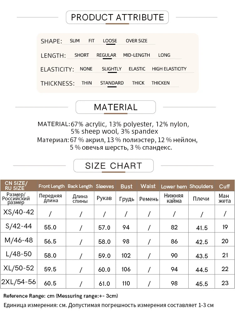 Produktübersicht mit Material- und Größenangaben für Damen-Pullover