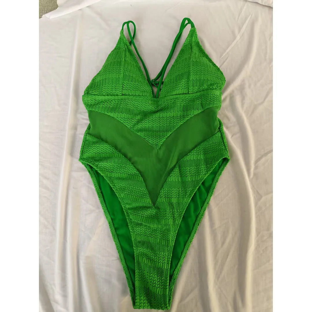 Damen-Badeanzug V-Ausschnitt Mesh High-Leg Monokini 5 Farben