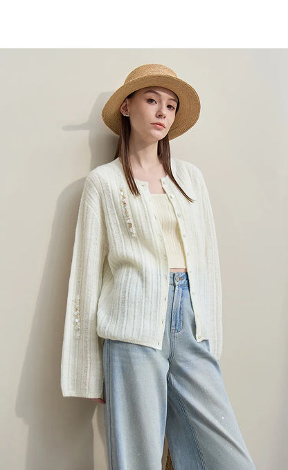 Damen-Strickjacke Rundhals Wolle locker überschnittene Schulter einreihig Frühling