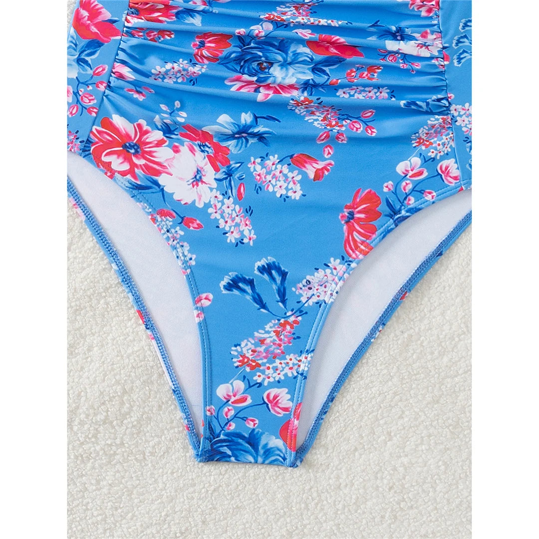 Damen Badeanzug Blumen gedruckt gerüscht hoher Beinausschnitt Monokini