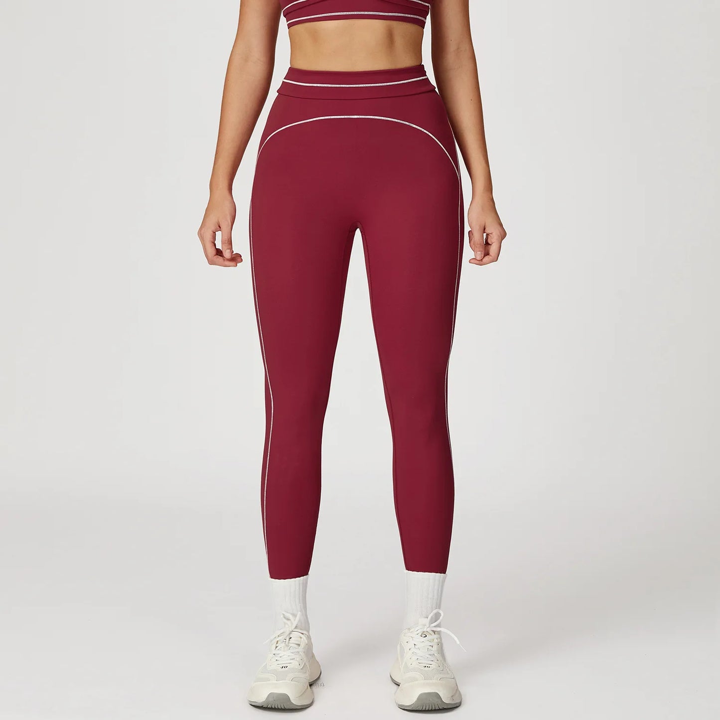 Damen Yoga-Leggings in Dunkelrot/Bordeaux mit Kontrastnähten und hellem Bund