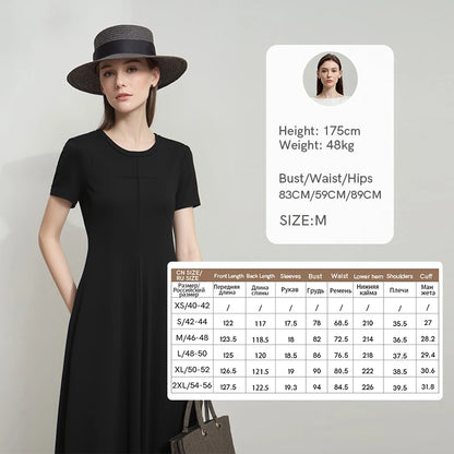Damen-Sommerkleid mit O-Ausschnitt, kurzarm, schwarzes Midi, Größen-Tabelle rechts