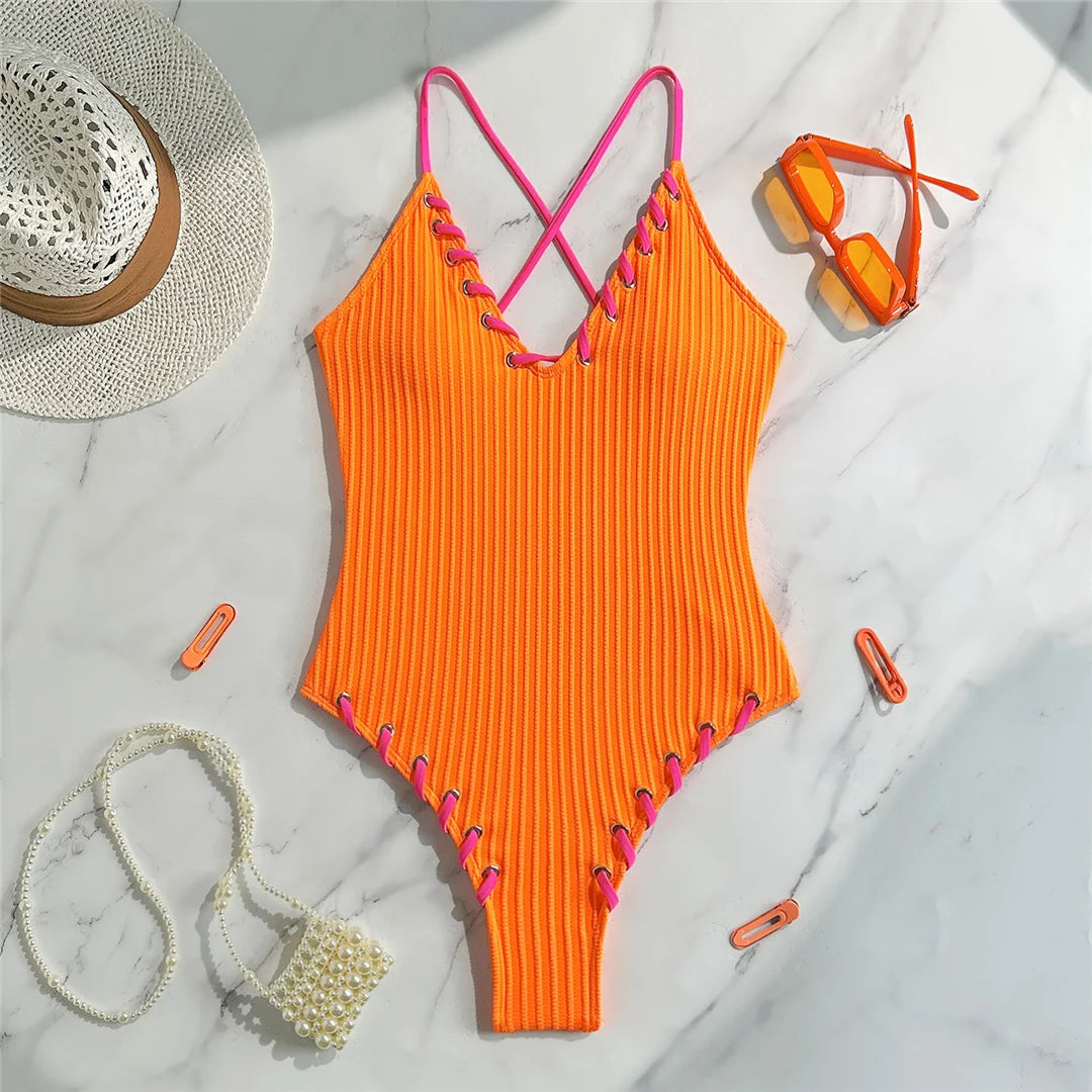 Damen Badeanzug V-Ausschnitt Rippen Kreuzrücken hoher Beinausschnitt Monokini 5 Farben